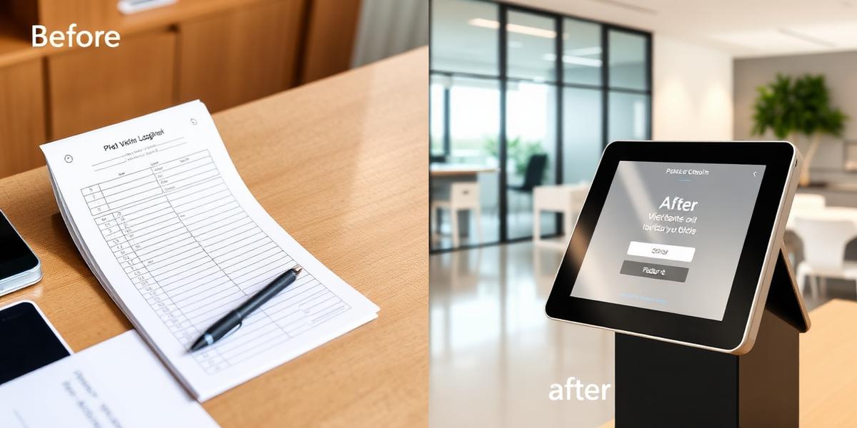 Before: paper register. After: digital kiosk check-in